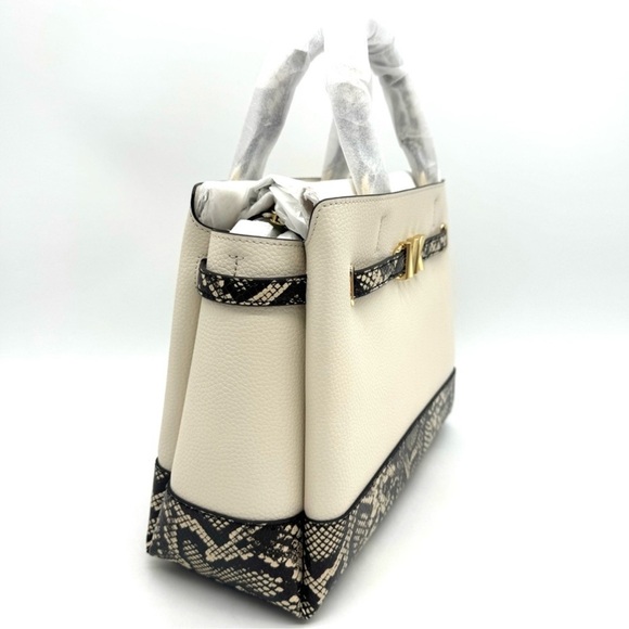 Michael Kors Large Reed Leather Belted Satchel Crossbody Bag Cream Snakeskin - Picture 4 of 11